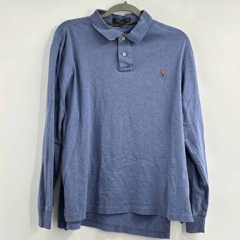 Polo Ralph Lauren Polo Shirt Men's L Blue Long Sleeve Pima Soft Touch Flesh Pony
